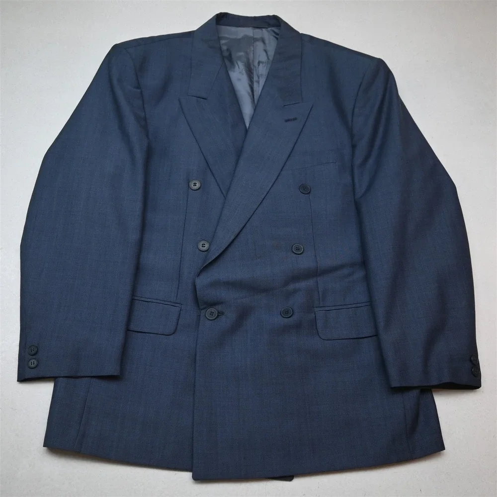 Vtg Y2K 2000s Boxy Double Breasted 42S 34x30 Blue Wool Mens Jacket Pants Suit